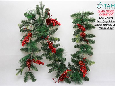 Dây lá thông bản lớn 4LL đầu tròn có trang trí trái đỏ liti X-DLTL-03